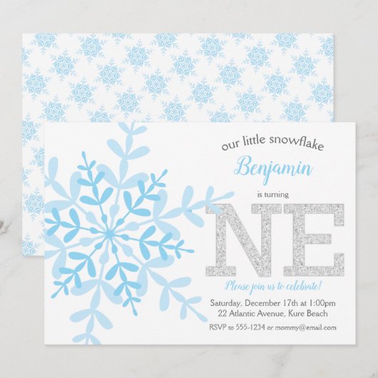 リトルスノーフレークブルーシルバーグリッター1st誕生日 招待状 (正面/裏面)