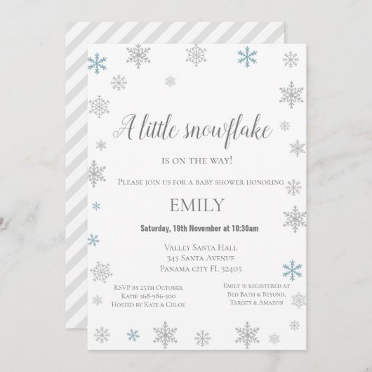 リトルスノーフレーク冬招待状-ベビーシャワー 招待状 (正面/裏面)