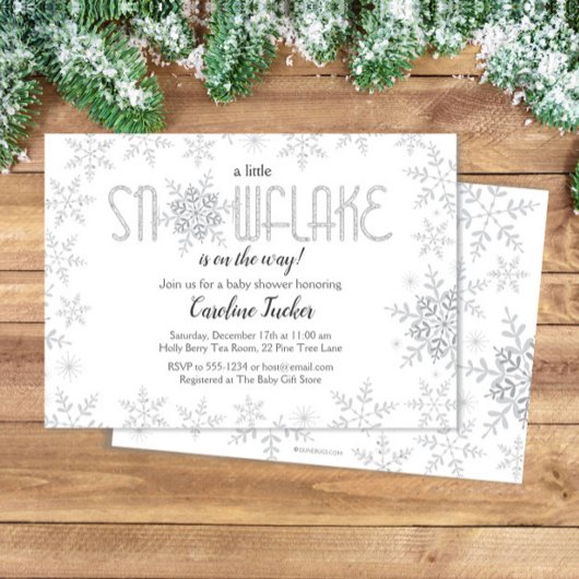 リトルスノーフレーク赤ちゃんシャワーグレー&シルバーグリッター 招待状