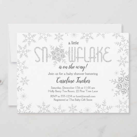 リトルスノーフレーク赤ちゃんシャワーグレー&シルバーグリッター 招待状 (正面)