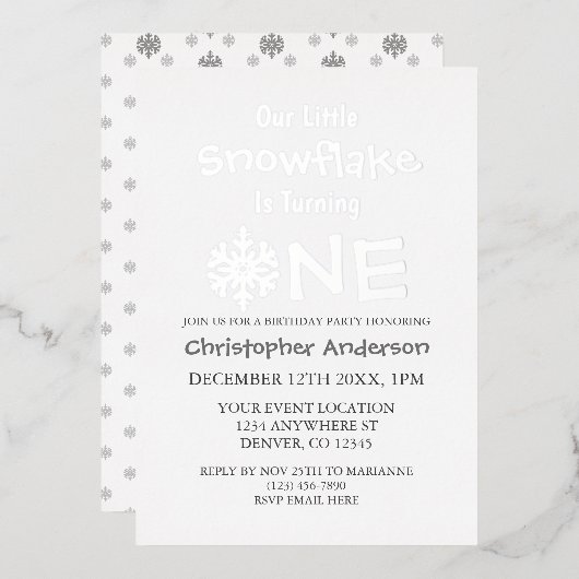 リトルスノーフレーク1歳の誕生日 箔招待状 (正面/裏面)