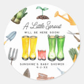 リトルスプラウト赤いレインブーツガーデン赤ちゃんシャワー ラウンドシール (正面)