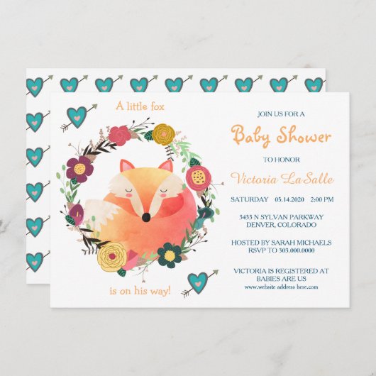 リトルスリープキツネフローラリースベビーシャワー 招待状 (正面/裏面)