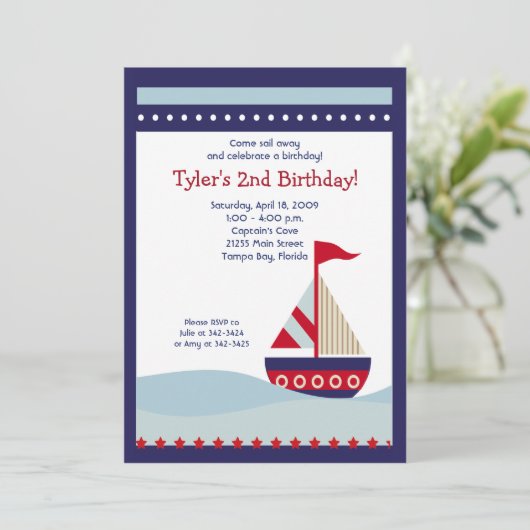 リトルセイボートネイビー航海のボート誕生日5x7 招待状 (スタンド正面)