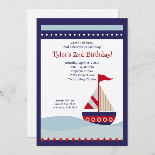 リトルセイボートネイビー航海のボート誕生日5x7 招待状 (正面/裏面)