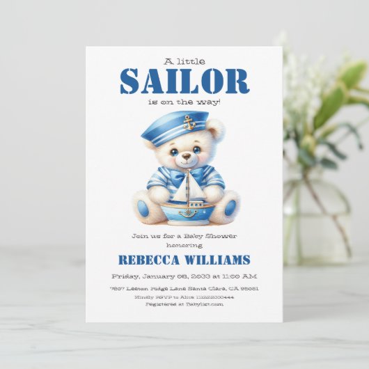 リトルセーラーブルー航海のベアーボーイ赤ちゃんシャワー 招待状 (スタンド正面)
