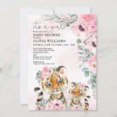 リトルタイガーピンクフラワーのグリーン女の子ベイビーシャワー 招待状 (正面)