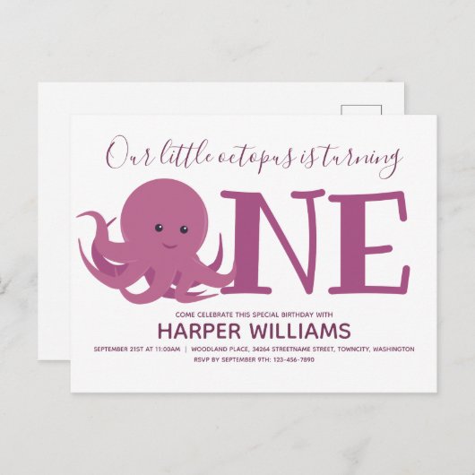 リトルタコ1匹の動物の最初の誕生日 インビテーションポストカード (正面/裏面)