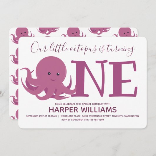 リトルタコ1匹の動物の最初の誕生日 招待状 (正面/裏面)