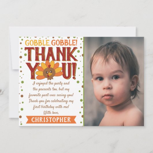 リトルターキー秋の感謝祭1歳誕生日写真 サンキューカード (正面)