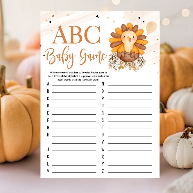 リトルターキー ベビーシャワー 感謝祭 ゲーム (Little Turkey baby shower Thanksgiving game with turkey artwork, warm autumn colors, and playful har)