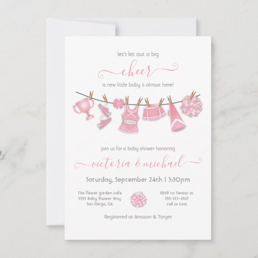 リトルチアリーダー赤ちゃんシャワー物干し 招待状 (正面)