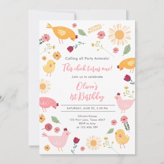 リトルチックガールファームイースターチキン誕生日 招待状 (正面)