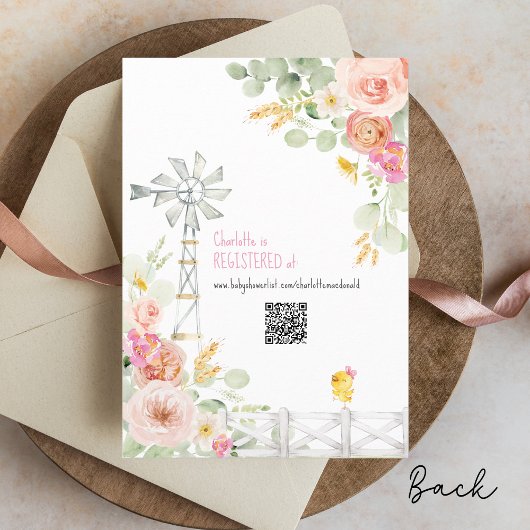 リトルチックファームガール納屋周囲の庭フローラベビーシャワー 招待状