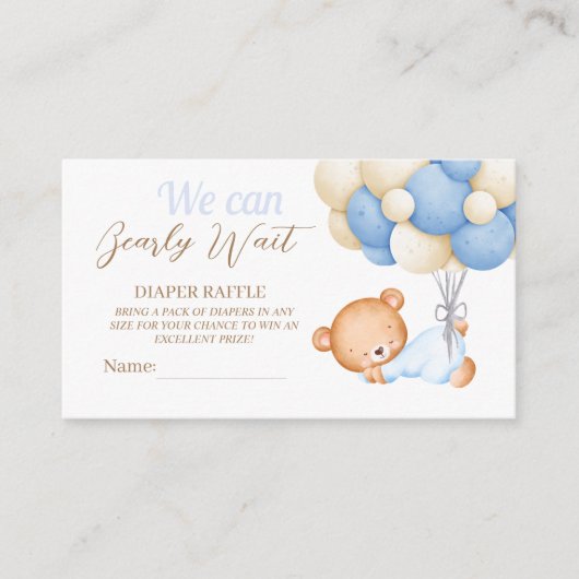 リトルテディバルーン男の赤ちゃんシャワーおむつラッフル エンクロージャーカード (正面)