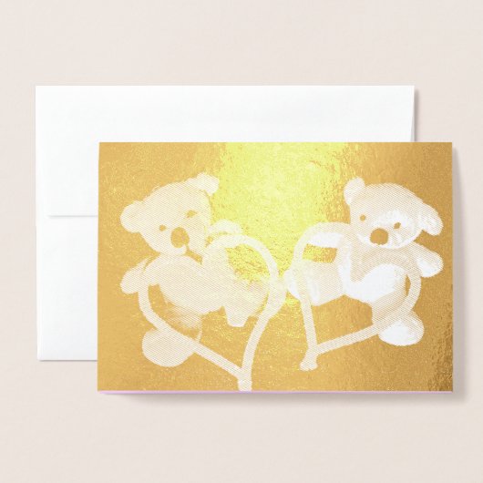 リトルテディベアとハート金ゴールドバレンタイン 箔カード (封筒付き正面)