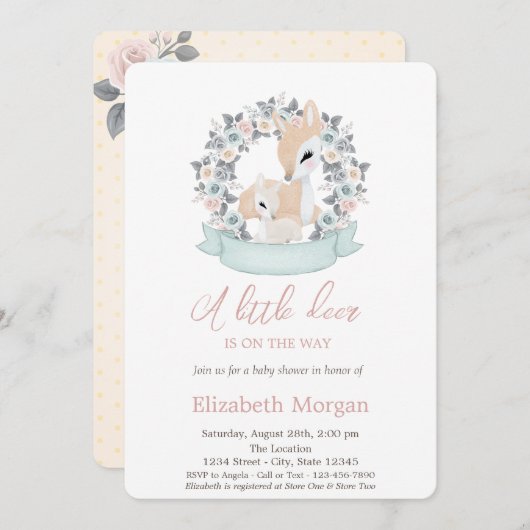 リトルディアフラワーウォーターカラーベビーシャワー 招待状 (正面/裏面)
