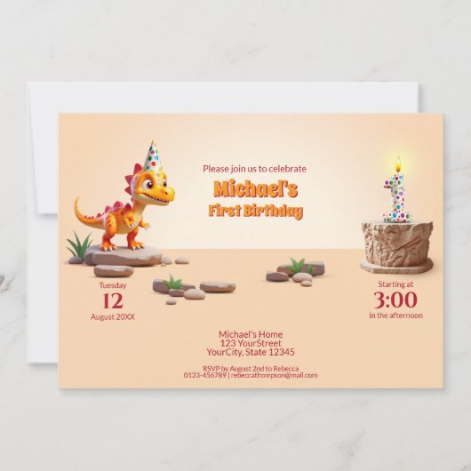 リトルディノドラゴン | 誕生日1回目のビッグナンバー写真 招待状 (裏面)