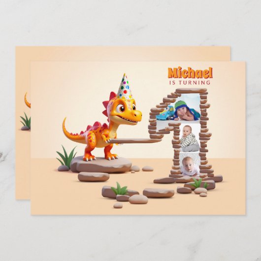 リトルディノドラゴン | 誕生日1回目のビッグナンバー写真 招待状 (正面/裏面)