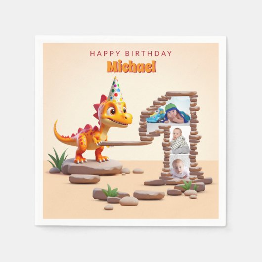 リトルディノドラゴン | 誕生日1回目のフォトビッグナンバー スタンダードカクテルナプキン (正面)