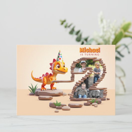 リトルディノドラゴン | 2回目の誕生日のビッグナンバー写真 招待状 (スタンド正面)