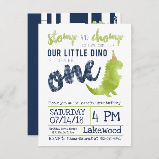 リトルディノファースト誕生日恐竜テーマボーイネイビー ポストカード (正面/裏面)