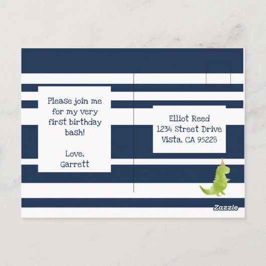 リトルディノファースト誕生日恐竜テーマボーイネイビー ポストカード (裏面)