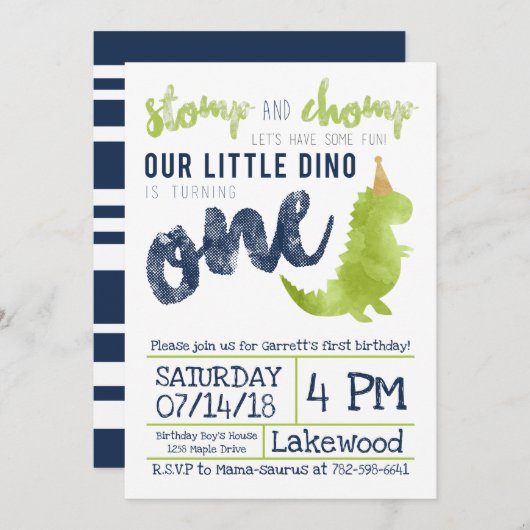 リトルディノファースト誕生日恐竜テーマボーイネイビー 招待状 (正面/裏面)