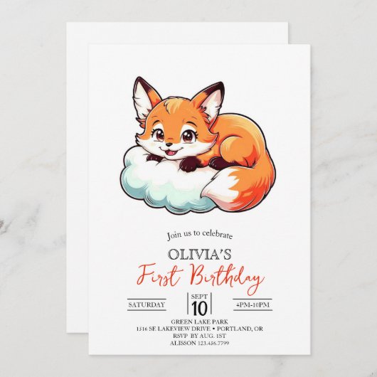 リトルデエレガントジタルキツネ第1誕生日 招待状 (正面/裏面)