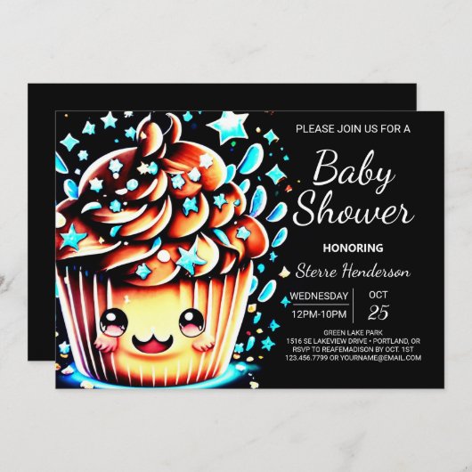 リトルデジタル小さなマフィン男の子の赤ちゃんシャワー 招待状 (正面/裏面)