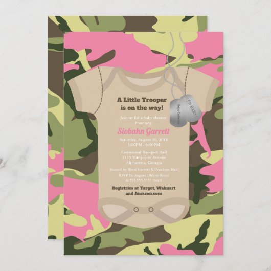 リトルトゥーパー軍軍隊ガール迷彩柄ベビーシャワー 招待状 (正面/裏面)