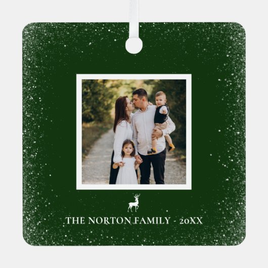 リトルトナカイシンプルの雪の結晶フォトグリーン メタルオーナメント (正面)