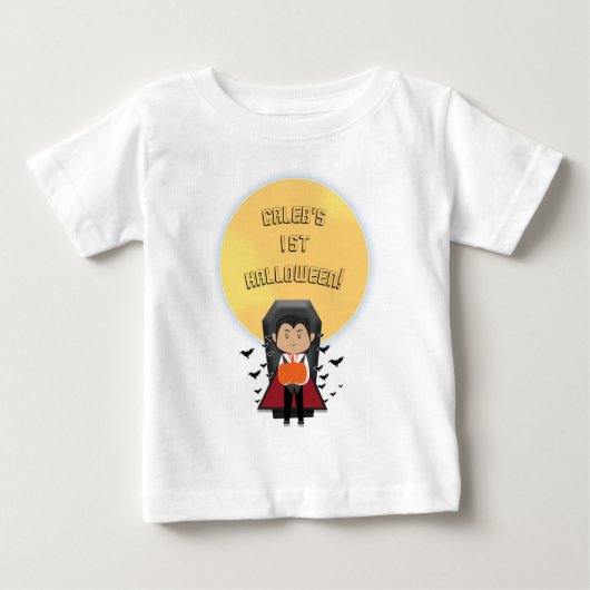 リトルドラキュラの最初のハロウィン吸血鬼と月 ベビーTシャツ (正面)
