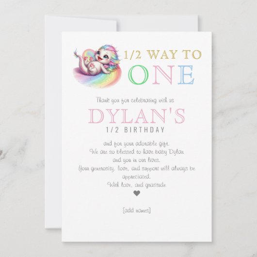 リトルドラゴン半分に1つのピンク6ヶ月誕生日 サンキューカード (正面)