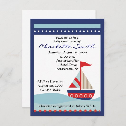 リトルネイビーブルーセイルボートベビーシャワー招待状 インビテーションポストカード (正面/裏面)