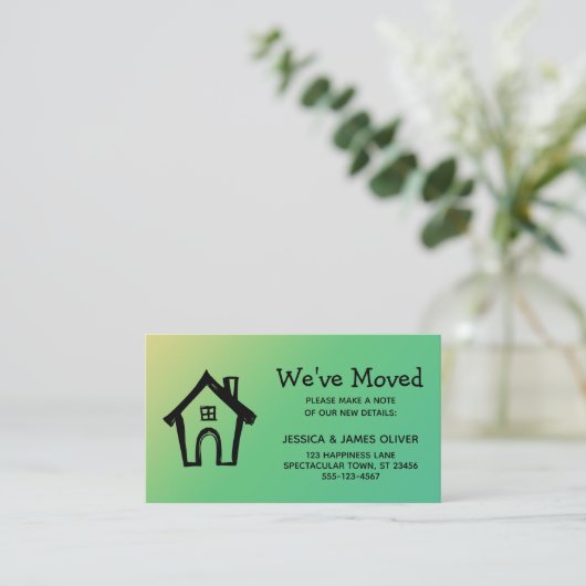リトルハウス"引っ越しました"イエローグリーングラデーションカード 名刺 (スタンド正面)