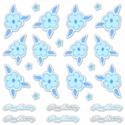 リトルハッピーバースデーブルーフラワーアンドスターズ シール (正面)