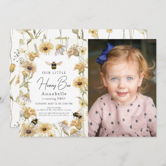リトルハニービーカモミール誕生日写真 招待状 (正面/裏面)