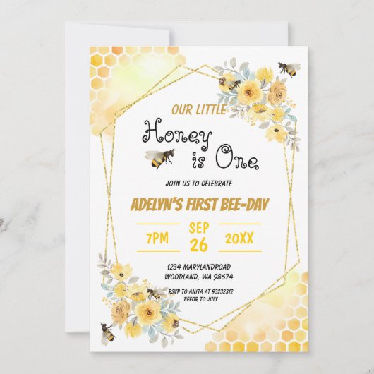 リトルハニーフローラ水彩ビー1st誕生日 招待状 (正面)
