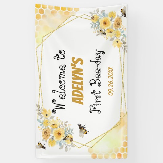 リトルハニーフローラ水彩ビー1st誕生日 横断幕 (縦)