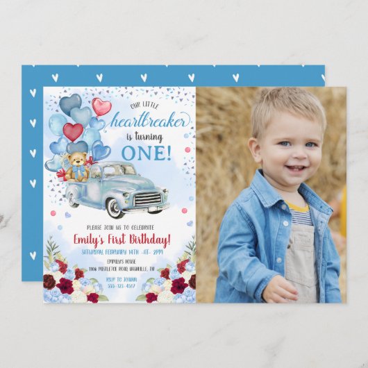 リトルハートブレーカーブルートラックベア誕生日写真 招待状 (正面/裏面)