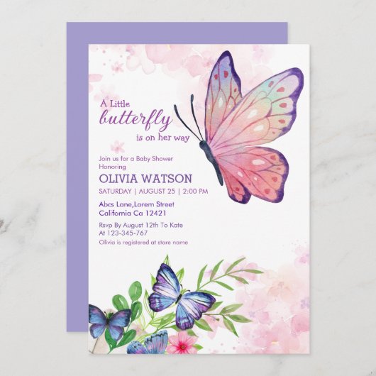 リトルバタフライは彼女の方法で青ベビーシャワー 招待状 (正面/裏面)