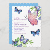 リトルバタフライは彼女の方法で青ベビーシャワー 招待状 (正面/裏面)