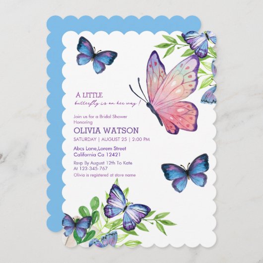 リトルバタフライは彼女の方法で青ベビーシャワー 招待状 (正面/裏面)