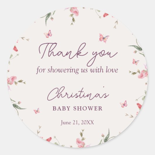 リトルバタフライウォーターカラーベビーシャワーありがとう ラウンドシール (正面)