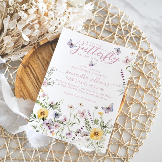 リトルバタフライウォーターカラーワイルドフラワーベビーシャワー 招待状