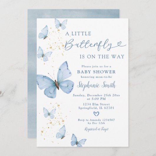 リトルバタフライオンザウェイブルー金ゴールド赤ちゃんシャワー 招待状 (正面/裏面)