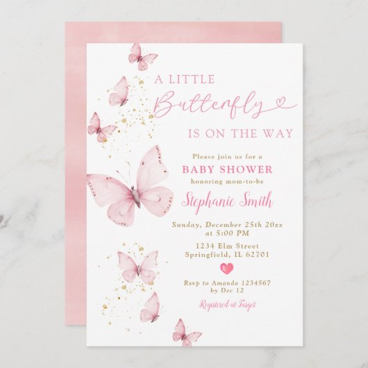 リトルバタフライオンザウェイベビシャワーバレンタイン 招待状 (正面/裏面)