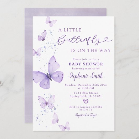 リトルバタフライオンザウェイベビーシャワー薄紫 招待状 (正面/裏面)