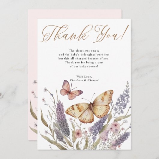 リトルバタフライガールベビーシャワーサンキューカード サンキューカード (正面/裏面)